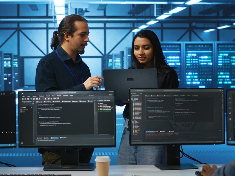 two people collaborating in front of computer monitors